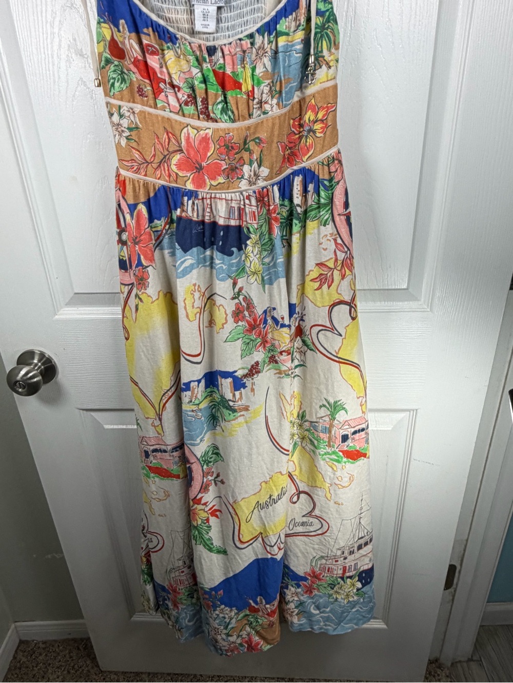 Christian Lacroix Cream Linen Floral Map Print Maxi Dress